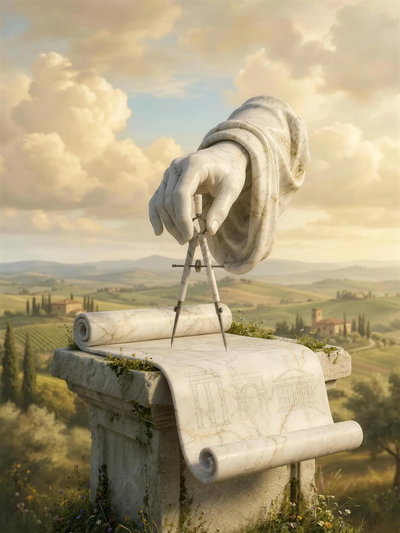 Marble figure with a compass and a scroll